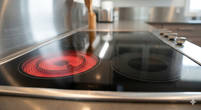 An electric glass stovetop showing one glowing burner and one inactive burner.
