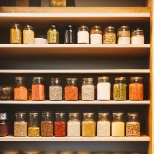 A tidy pantry shelf stocked with essential dry staples and ingredients.