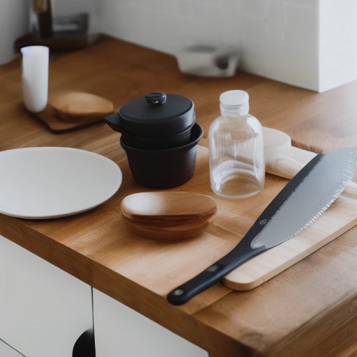 Practical everyday kitchen essentials arranged on a rustic wooden counter
