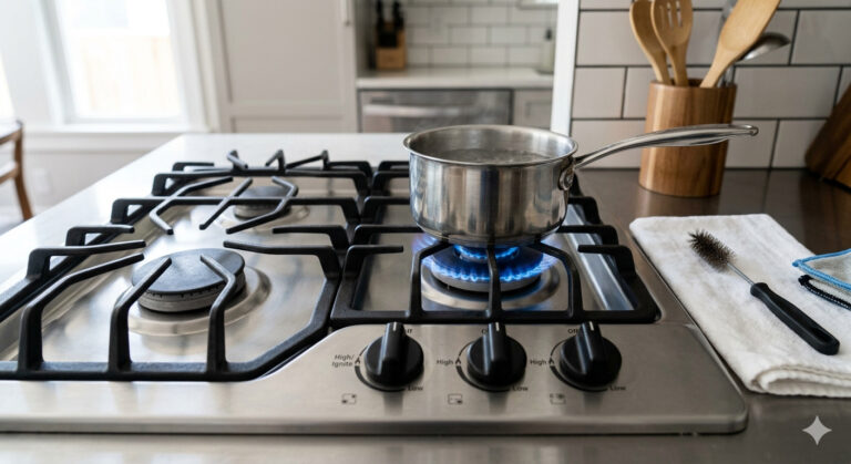 A gas cooktop showing an active blue flame on one burner and an inactive burner.