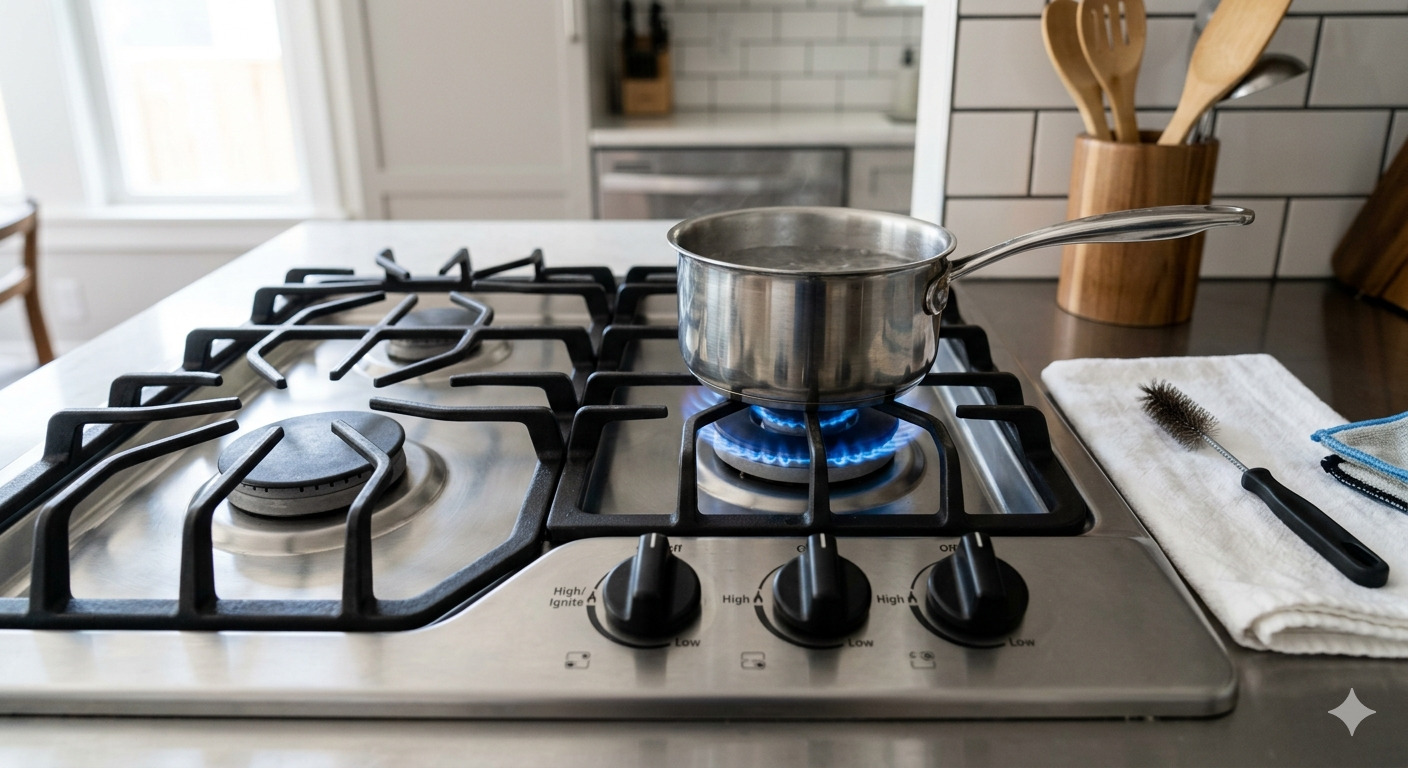 A gas cooktop showing an active blue flame on one burner and an inactive burner.