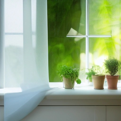 A fresh, airy kitchen with a wide open window bringing in clean air.