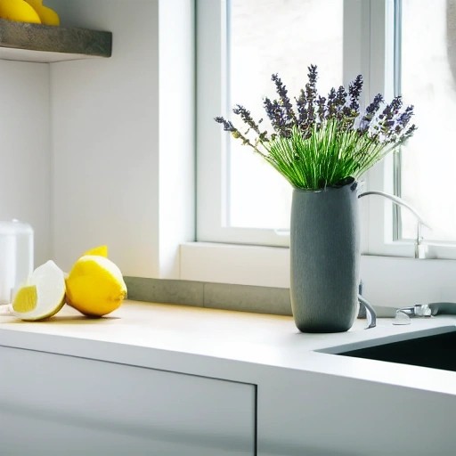 Natural deodorizers like lemons and baking soda on a clean kitchen counter