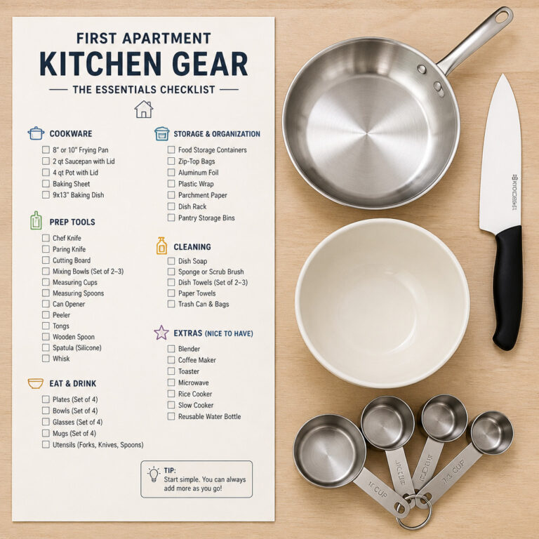 A practical checklist of essential kitchenware for setting up a first apartment.
