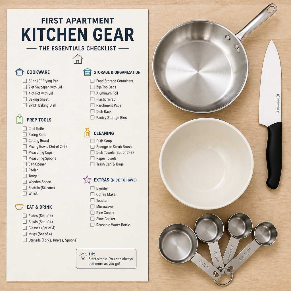 A practical checklist of essential kitchenware for setting up a first apartment.
