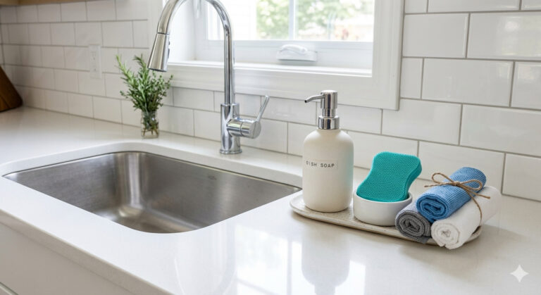 Low-maintenance kitchen cleaning essentials organized next to a spotless sink.