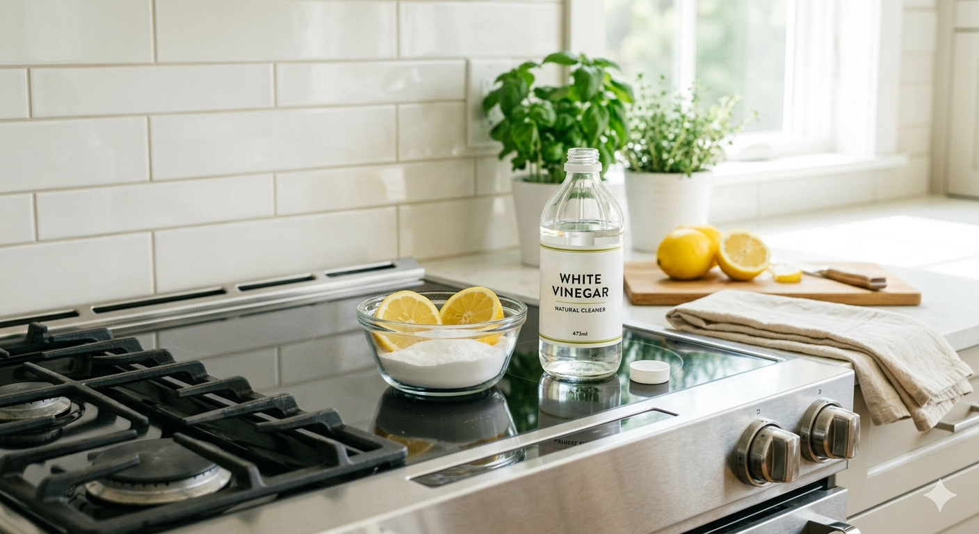 Natural odor neutralizers arranged near a clean stovetop to remove oil smells.