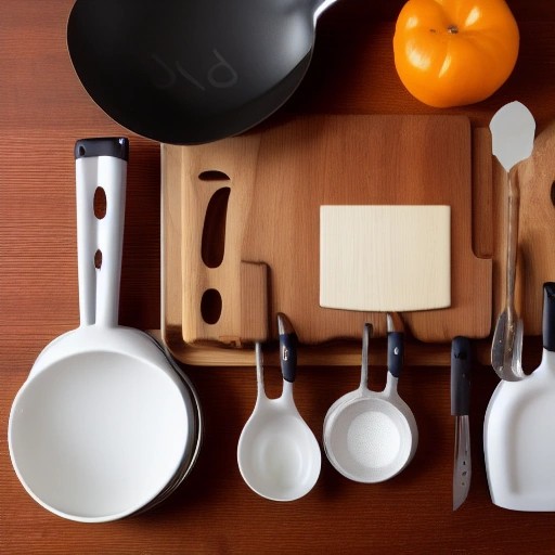 Essential kitchen tools for beginner cooks arranged on a wooden countertop
