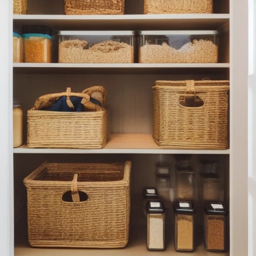 Sustainable kitchen pantry organization with labeled bins