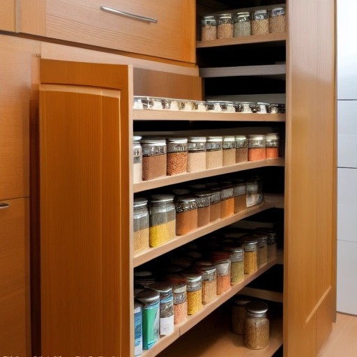 A slim pull-out pantry drawer maximizing kitchen cabinet efficiency