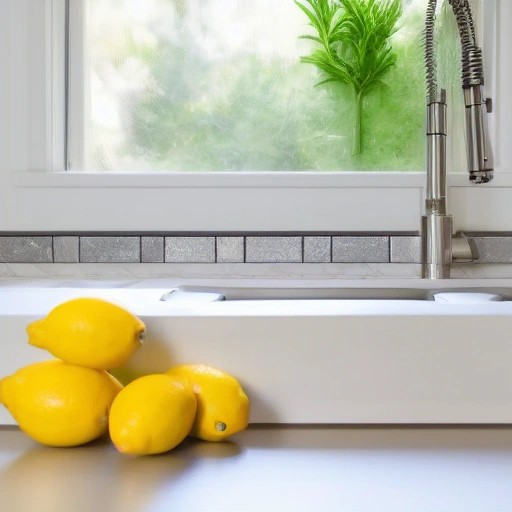 Fresh lemon slices placed in a clean stainless steel sink to deodorize drains.