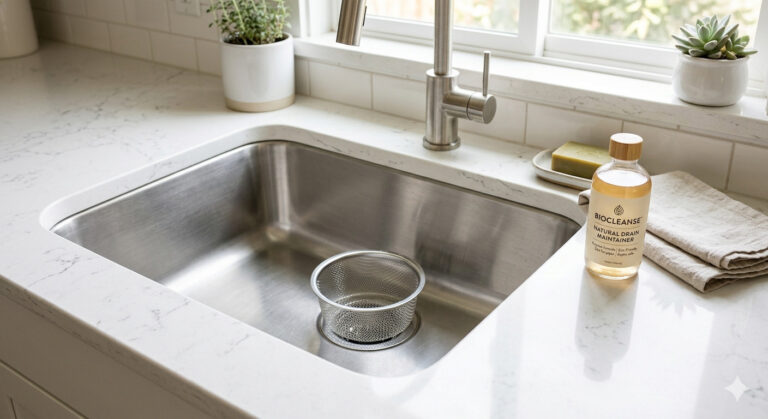 A clean, well-maintained kitchen sink with a protective drain strainer basket.