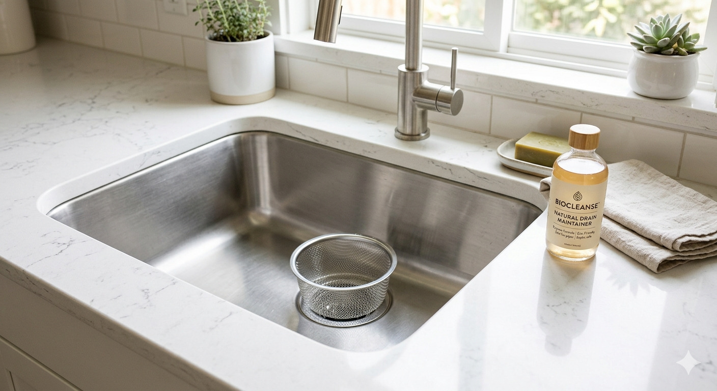 A clean, well-maintained kitchen sink with a protective drain strainer basket.