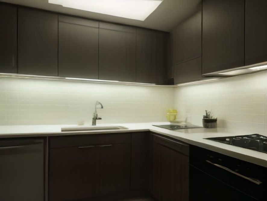 Spotless under-cabinet lighting revealing clean backsplash tile and dust-free edges.