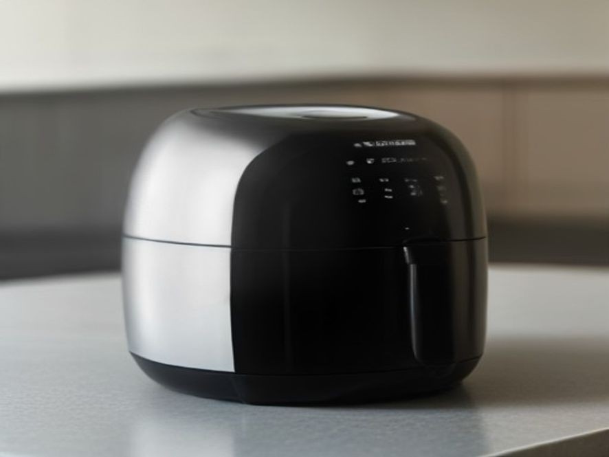 Digital air fryer alongside a care manual and cleaning cloth
