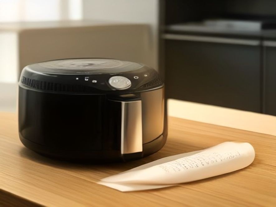 Air fryer unit sitting beside a kitchen checklist document