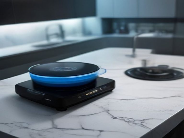 Sleek app-controlled kitchen gadgets arranged on a marble countertop.