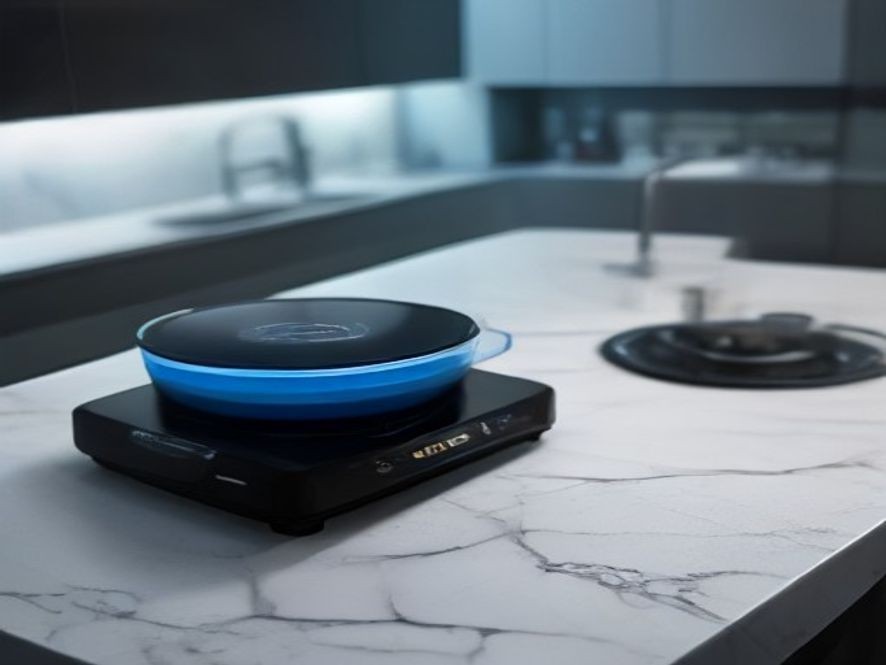 Sleek app-controlled kitchen gadgets arranged on a marble countertop.