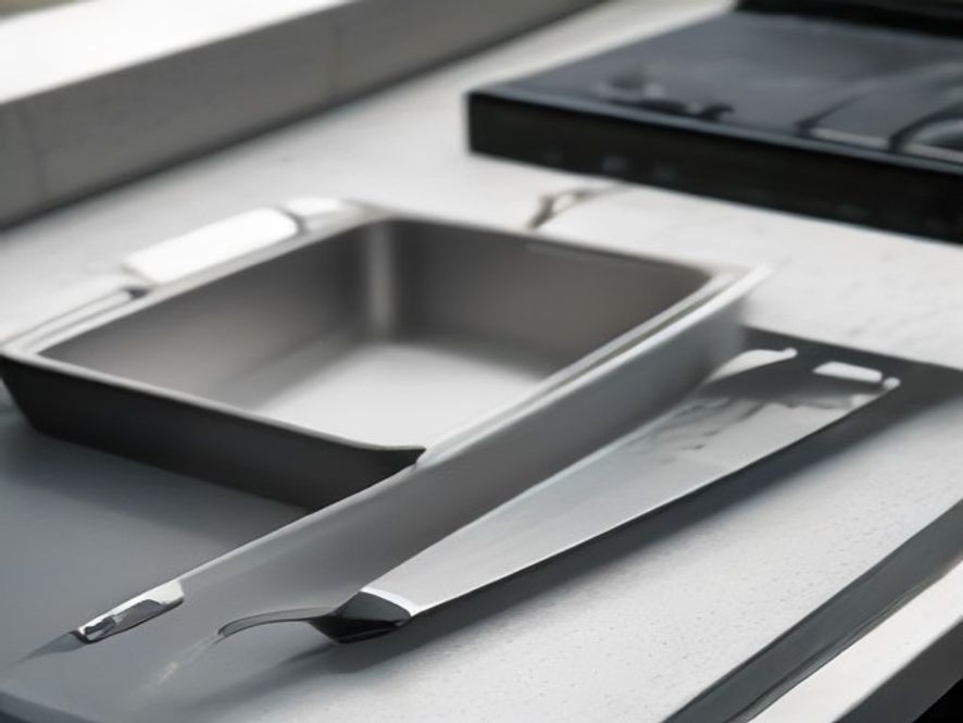 A slotted metal fish spatula resting near a nonstick frying pan.
