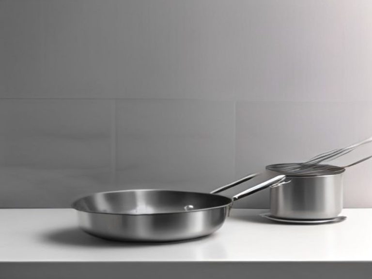 Stainless steel skillet displayed with durable metal cooking utensils.