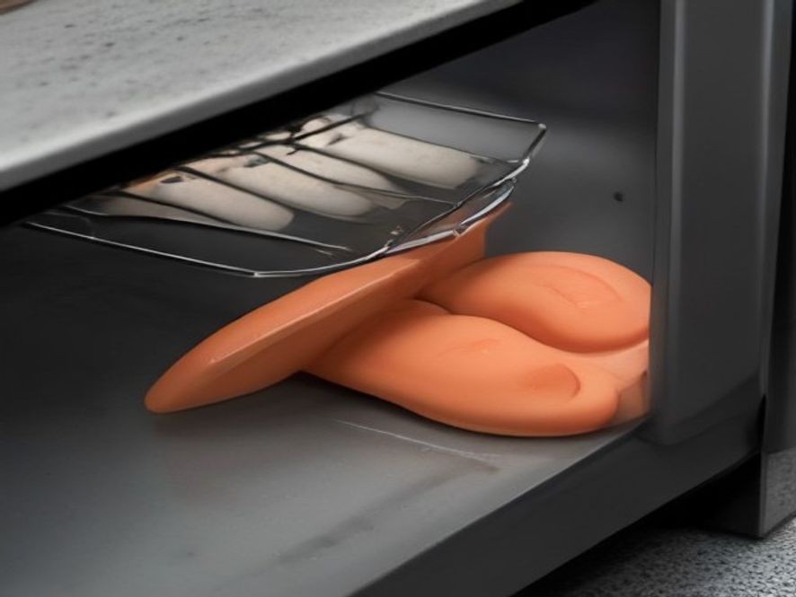 Heat-resistant silicone mitts and long tongs for safe kitchen handling.