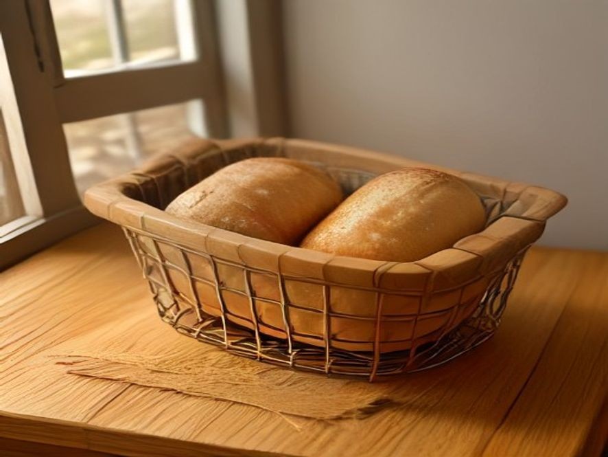 Essential bread making tools including a proofing basket and bench scraper.