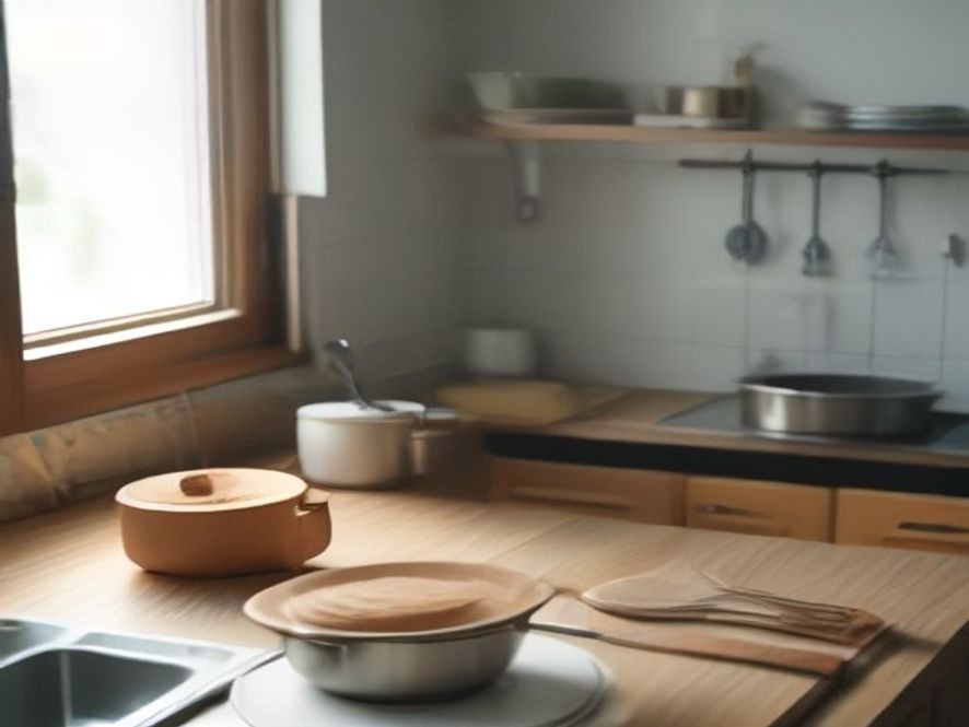 Starter kitchen tool set including nonstick pan and wooden spatulas.