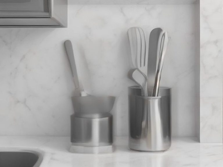 Durable stainless steel utensil set stored in a matching metal crock.