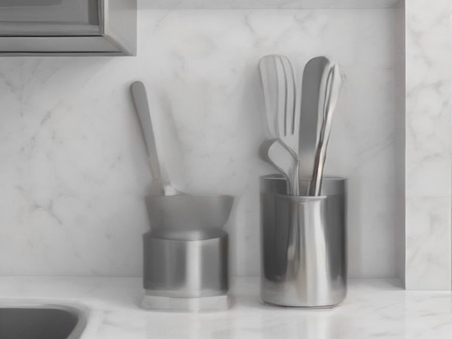 Durable stainless steel utensil set stored in a matching metal crock.