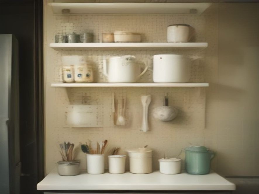 A wall pegboard maximizing storage in a compact kitchen space.