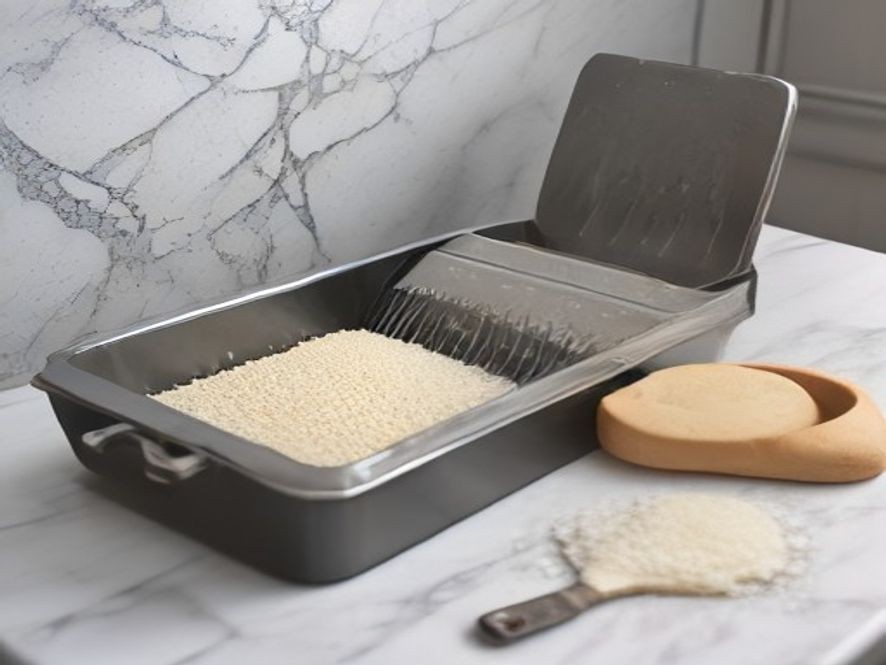 Classic kitchen tools resting on a marble surface.