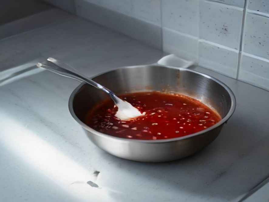 A spoon rest and splatter screen keeping the stovetop area clean.