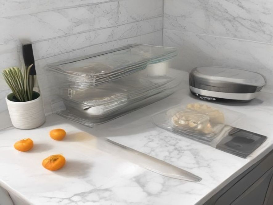 Glass prep containers, digital kitchen scale, and prep bowls.