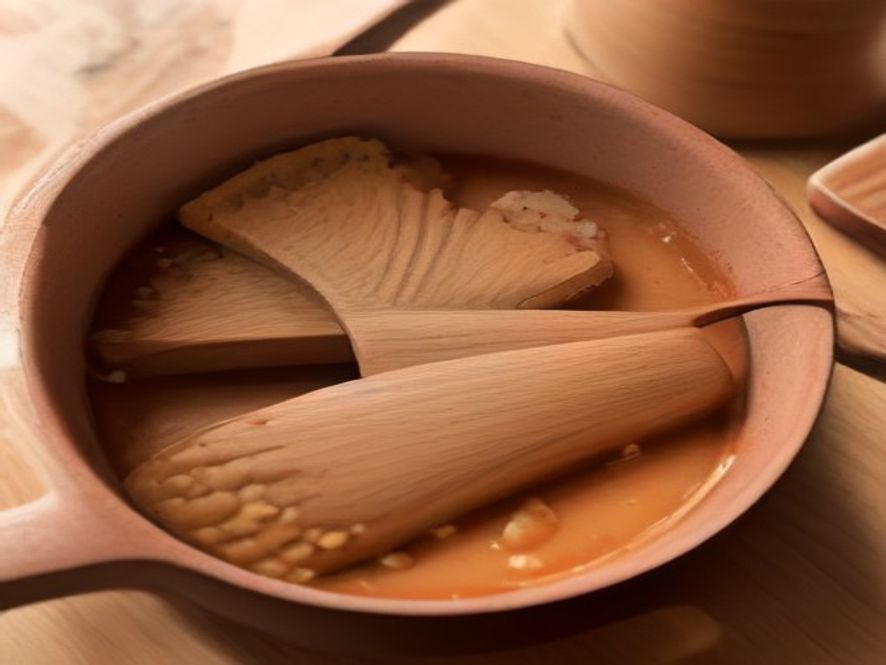 Nonstick safe silicone and wooden utensils arranged inside a frying pan.