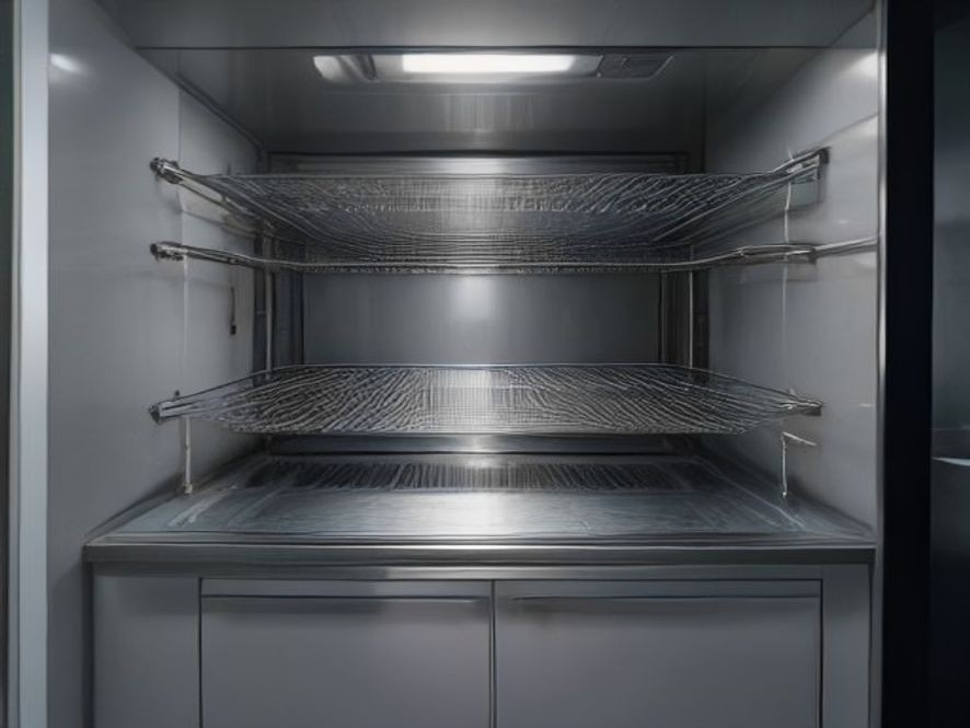 A fully cleaned oven interior glowing bright under its internal light.