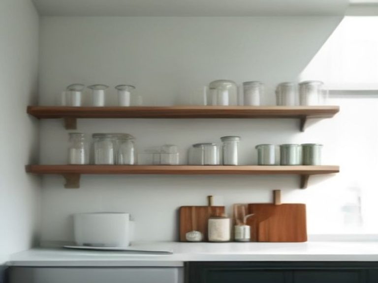 Slim floating wall shelves offering airy kitchen storage.