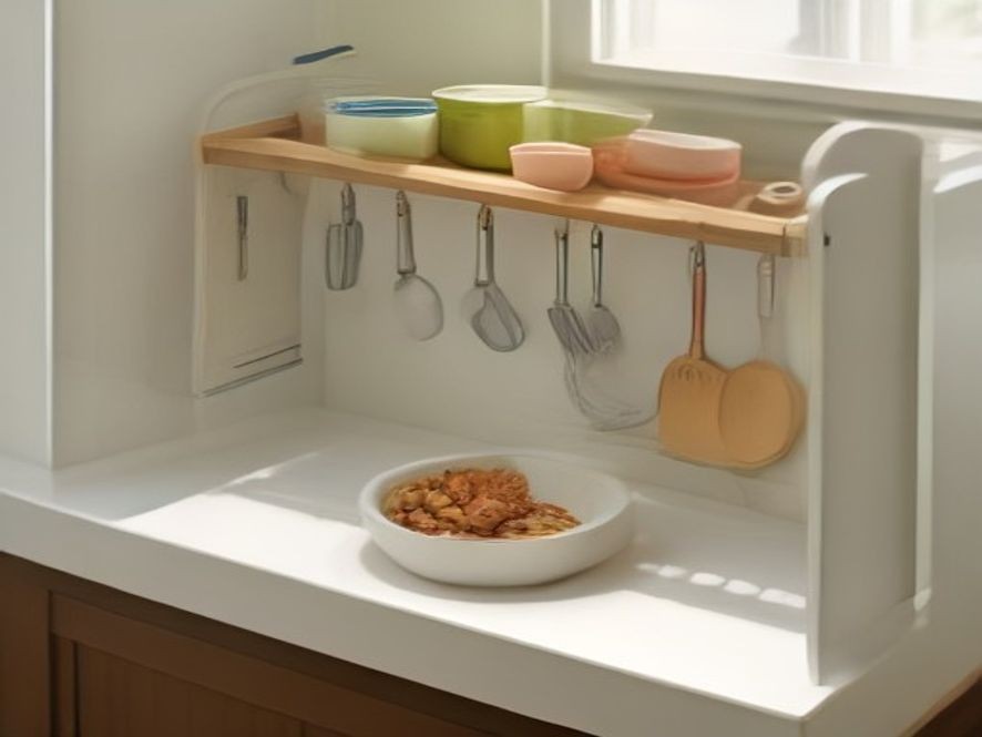 Smart space saving equipment organized inside a compact kitchen space.