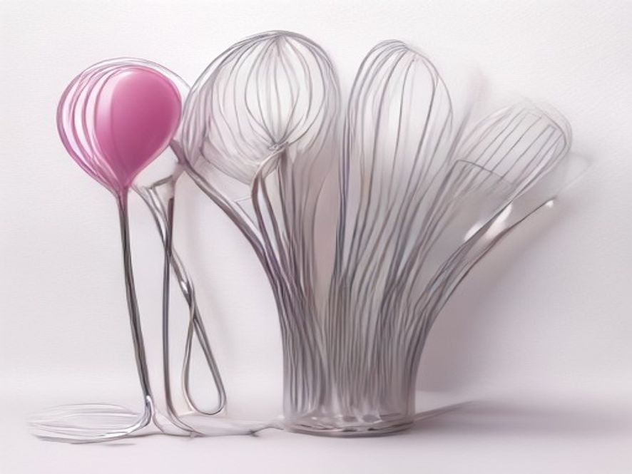 Various whisk designs including balloon, French, and silicone whisks.