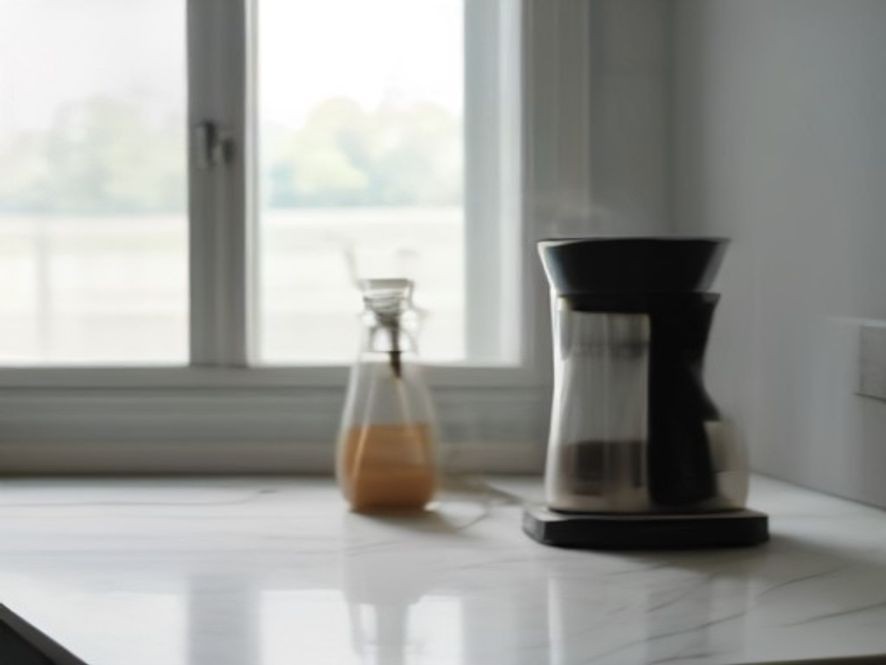 Clean coffee maker and glass carafe on a kitchen counter