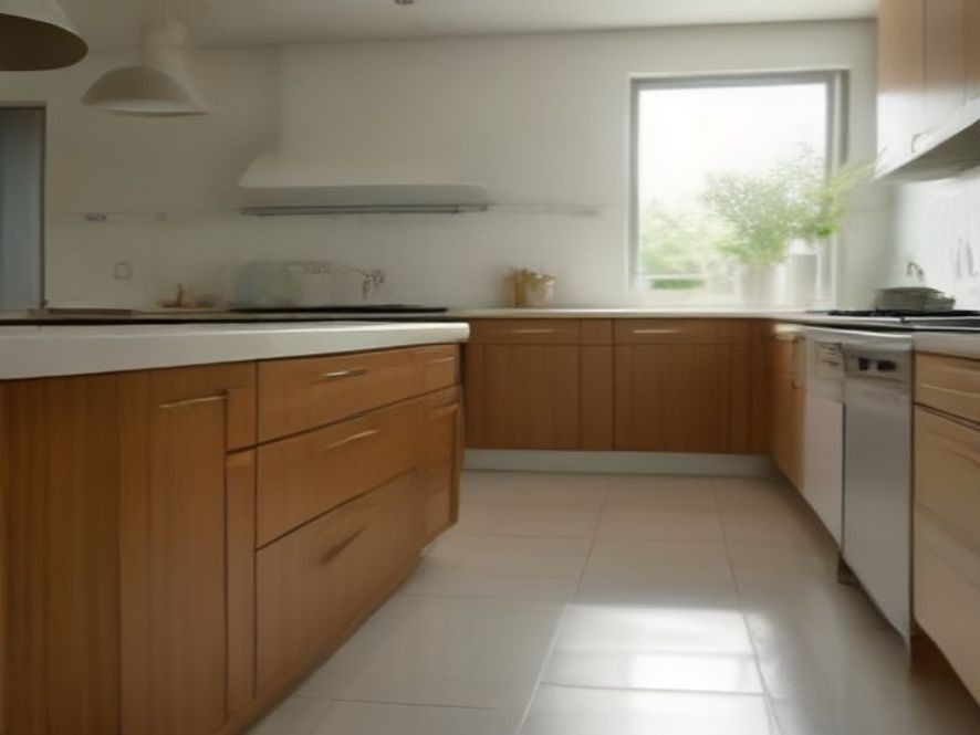 Streak-free polished tile floor in a spacious sunlit kitchen