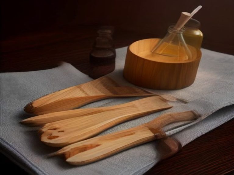 Freshly conditioned wooden utensils on a cotton cloth.