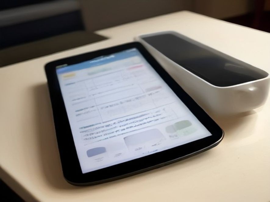 A digital tablet sitting on a granite counter next to a espresso machine.