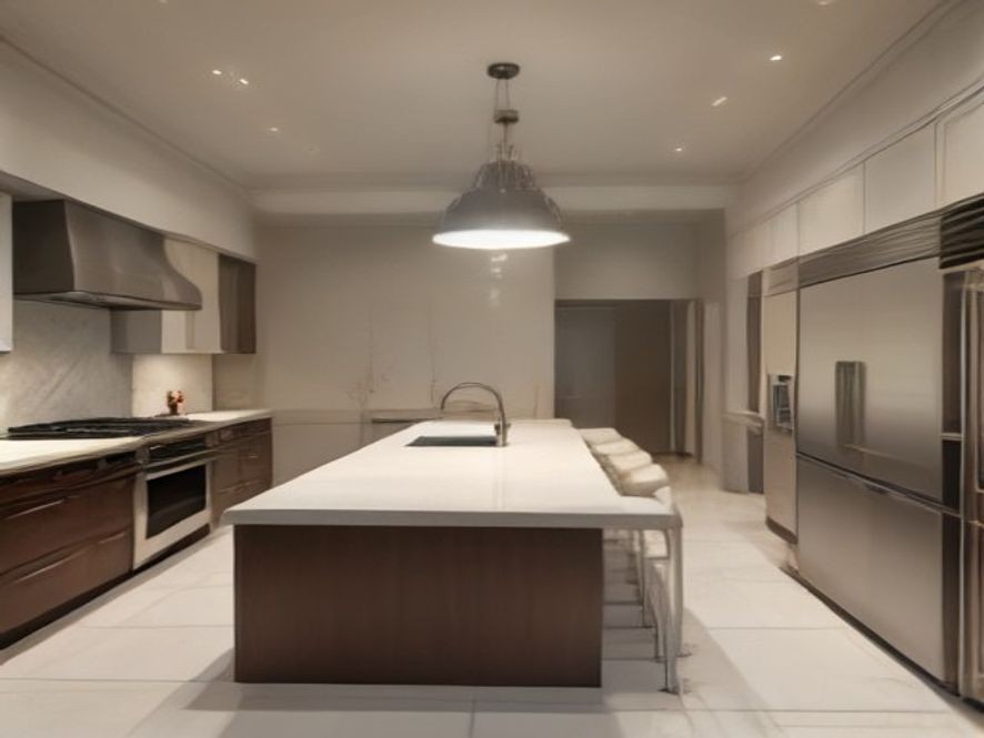 A comprehensive view of a luxury kitchen cleaned thoroughly from ceiling to floor.
