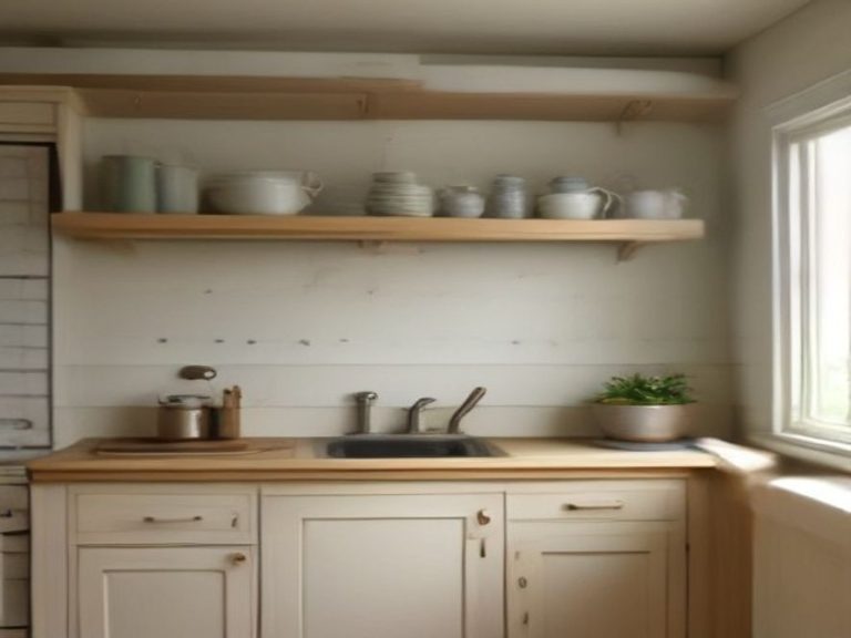 A dust free kitchen shelf with clean ceramic decorations.