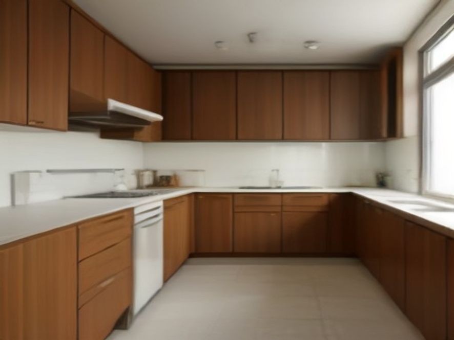 Restored wooden kitchen cabinets free of sticky grease.