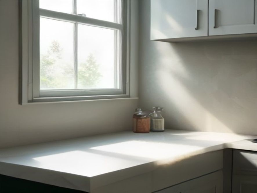 A clean quartz countertop with essential kitchen cleaning supplies ready for surface restoration.
