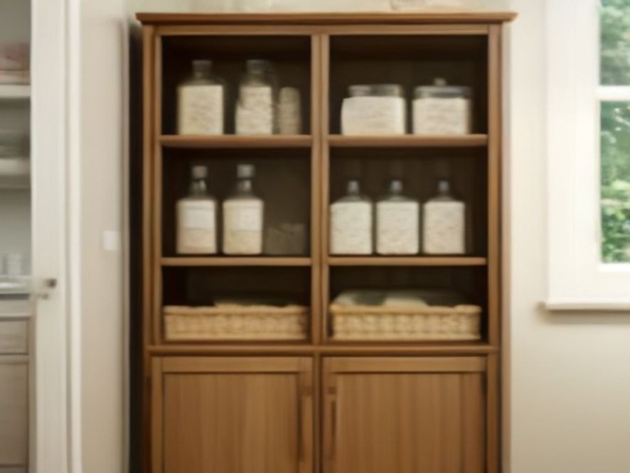 A spotless wooden pantry shelf sanitized and restored after a spill.