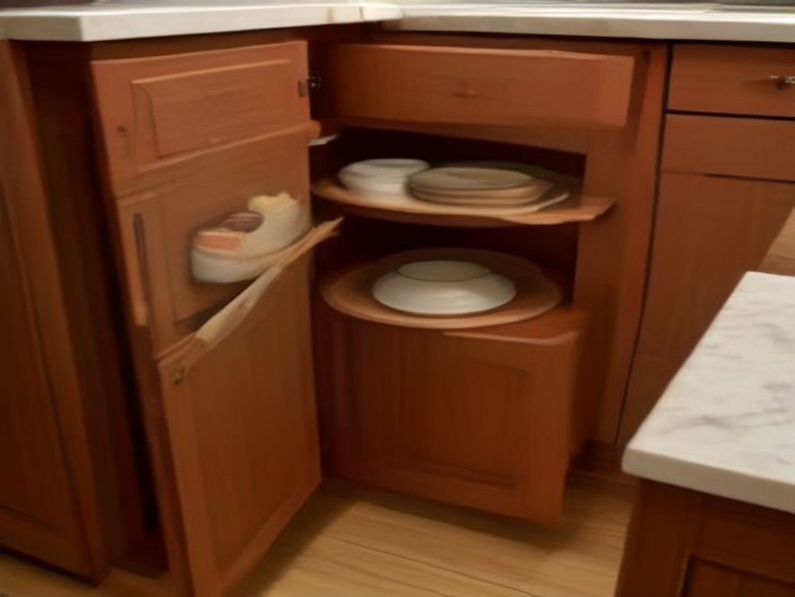 Two-tier wooden lazy susan installed inside a deep corner kitchen cabinet