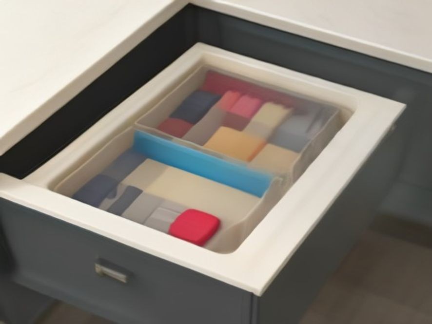 Shallow tray dividers creating clean order in a kitchen utility drawer