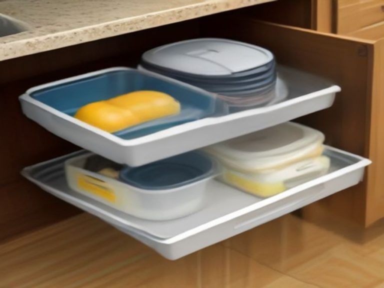 Nested food containers and an adjustable lid rack organizing a chaotic cabinet